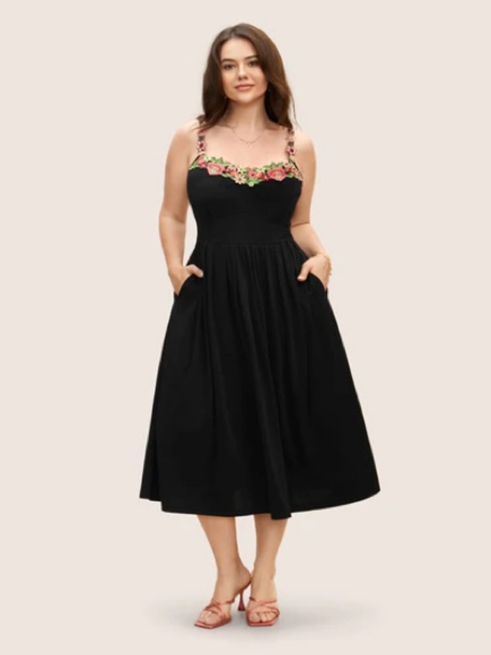 Bloomchic 28 black Floral-Trim Midi Dress with Pockets